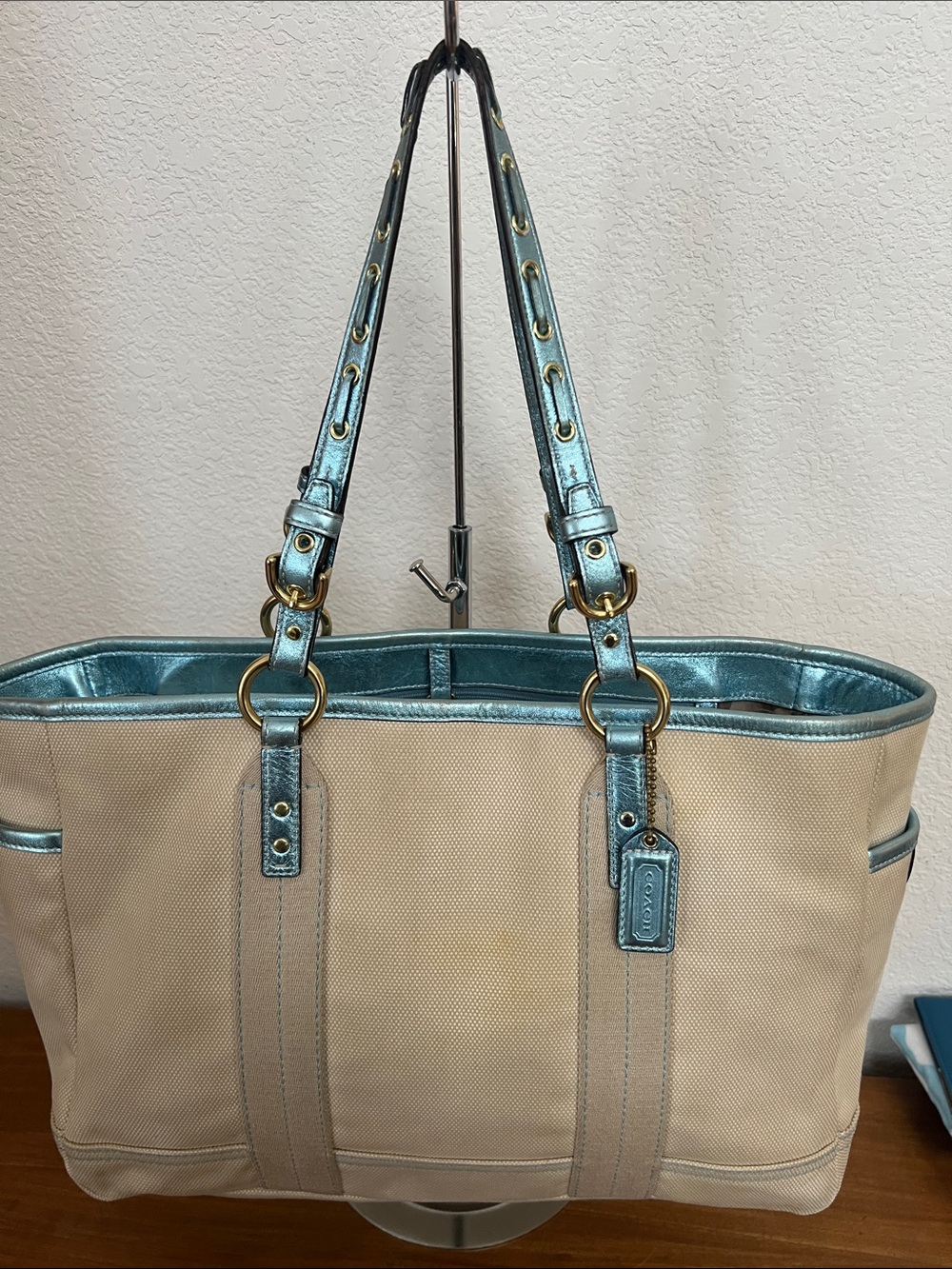 Coach heavy duty canvas tote with metallic blue leather trim